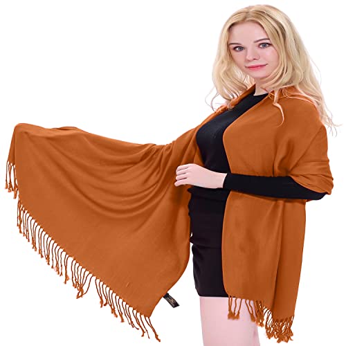 CJ Apparel Persimmon Orange Burnt Orange Solid Color Tassels Design Nepalese Shawl Seconds Scarf Wrap Stole Throw Head Wrap Pashmina Hand Made in Nepal New2