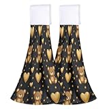Kaifanee Juego de 2 toallas de cocina colgantes de dibujos animados de oso dorado y corazones de amor, toallas de mano de microfibra de secado rápido para decoración de baño