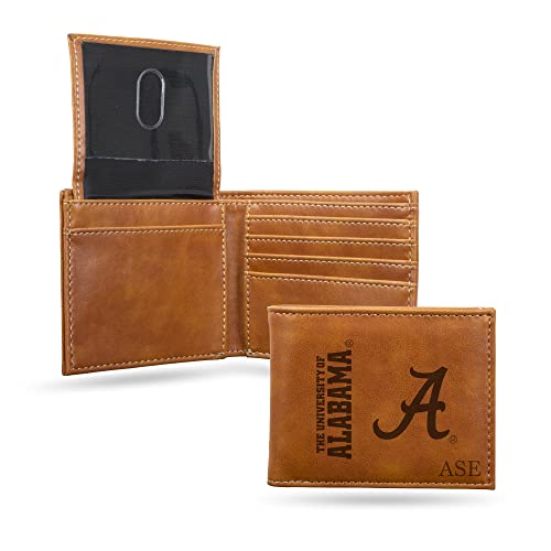 Rico Industries NCAA Alabama Crimson Tide Brown Personalized/Custom Laser Engraved Billfold Wallet - Slim/Light Weight - Great Gift