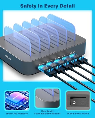 Image of MSTJRY Charging Station for Multiple Devices : 5 Port Multi USB-A Charger Stations Multi-Device Organizer Charging Dock Designed for iPhone iPad Cell Phone Tablets (7 Short Cables Included), Gray
