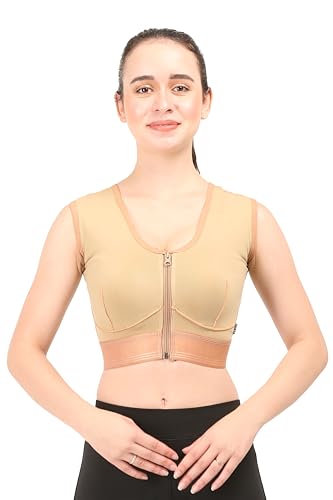 Dermapress Post Surgery Medical Compression Bra || Moderate Compression || Cotton Fabric || Sports Bra || Breast Augmentation Bra || Surgical Recovery Supporter || (Small, Beige)