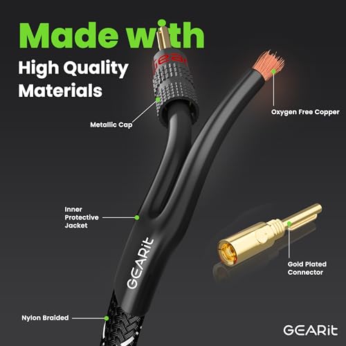 gearit 10awg speaker cable wire with gold-plated banana tip plugs 10 feet in-wall cl2 rated heavy duty braided 999 oxygen-free copper ofc - black