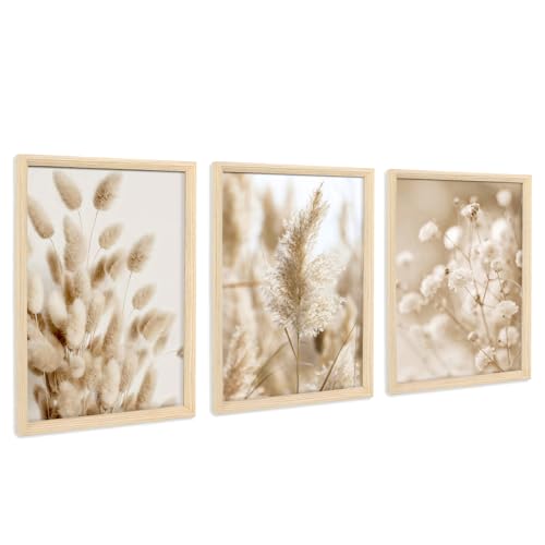 3 Pcs Framed Canvas Wall Art Botanical Wildflower Canvas Prints Beige Pampas Grass Sage Floral Pictures for Living Room Bedroom Kitchen Hallway Wall Decor 90x40cm(12"x16"x3pcs) (No Plexiglass)