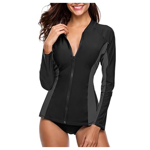 ATTRACO Womens Zipper Rash Guard Shirt Women Athetic Swim Tops Black Medium