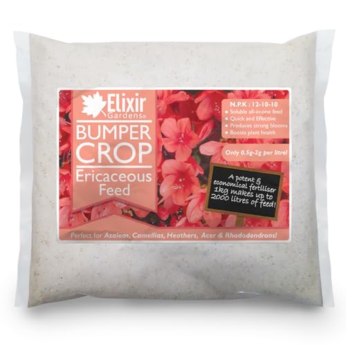 Elixir Gardens Bumper Crop Ericaceous Feed Fertiliser - NPK 12-10-10+ 4 | Plant Food for Azalea, Magnolia, Rhododendron & Camellia | Available from 1kg - 20kg | 1kg Polythene Bag