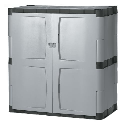 Rubbermaid Freestanding Storage Cabinet with Doors 18"D x 36"W x 37"H Medium Gray/Black Two-Shelf Lockable Cabinet for Indoor/Outdoor/Garage Storage for Garden Tools/Lawn Care Accessories