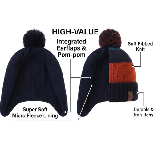 Image of LMLALML Boys Winter Hat Earflap Knitted Beanie for Kids Warm Fleece Lined Thicken Hat for Baby