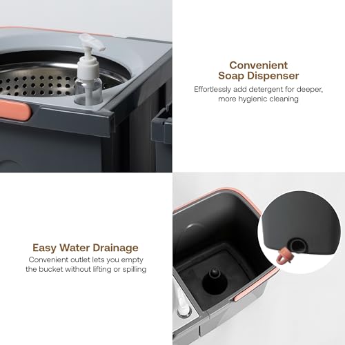 Image of BonKaso Twin Spin Mop Set | 1 Bucket, 1 Handle & 2 Microfiber Mop Heads with Stainless Steel Wringer | 360 Easy Floor Cleaning for Home & Office