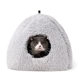 MeowMate 猫のベッド テントタイプ クッション付き ファー素材 暖かい ふわふわ グレー ドーム型 キャット 猫用ハウス 隠れ家 かわいい
