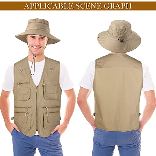 Janmercy 2 Pieces Men's Work Fishing Vest with Hat Lightweight Safari Travel Hunting Waistcoat With Multi Pockets Fishing Hat4