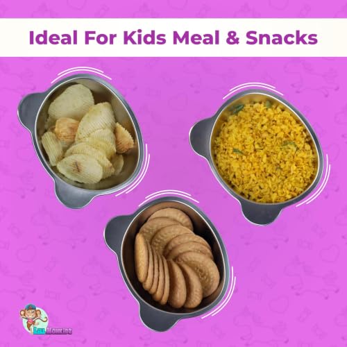 Image of LiLLMONKiDZ Stainless Steel Design Bowl with Spoon & Spork for Kids, 500ml Capacity Soup & Maggie Bowl Set, Adorable Printed Snack Bowl Set (Personalized)