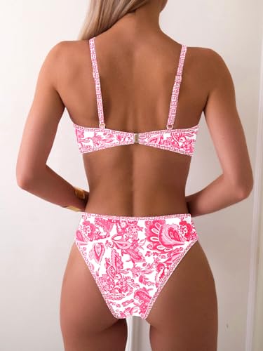 Image of Fanuerg Women's Triangle Bikini Sets O Ring Linked Two Piece Swimsuits Floral Printed Cheeky Bathing Suit