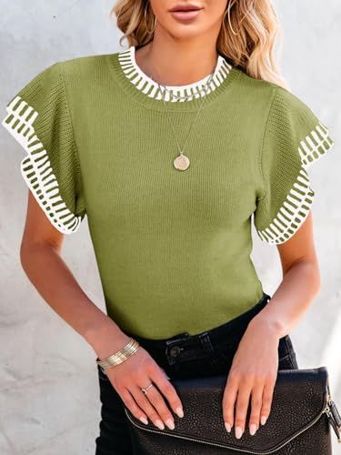 Image of Saodimallsu Womens Short Sleeve Sweater Summer Striped Top Soft Knit Shirts | Ruffle Sleeve,Loose,Crew Neck,Lightweight,Casual,Work,Spring,Womens Tops,Pullover,Fall