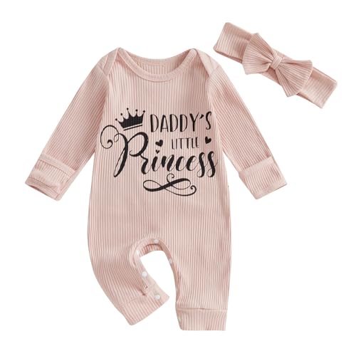Image of FIOMVA Im New Here Newborn Outfit Girl Long Sleeve Letter Romper Ribbed Knit Jumpsuit Baby Girl Preemie Coming Home Outfit