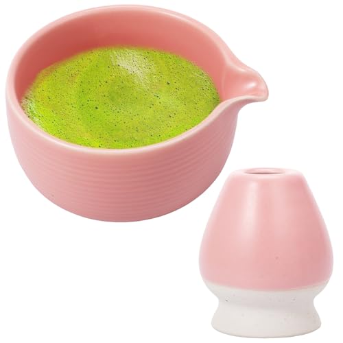 Guniata Lot de 2 bols à matcha et porte-fouet avec bec verseur, 430 ml, en céramique, passent au micro-ondes et au lave-vaisselle, cadeau pour les amateurs de matcha (rose)