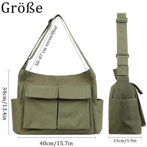TIAASTAP Kuriertasche aus Leinenstoff, Vintage Canvas Messenger Bag für Studenten, Große Kapazität Hobo Crossbody Bag Umhängetasche Freizeittasche mit mehreren Innenfächern, Grün