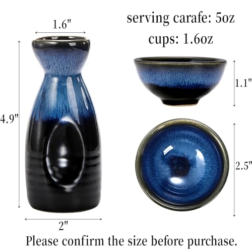 Image of Goaste 5 Pieces Ceramic Sake Set, Kiln-Change Japanese Style Sake Cups, Traditional Pottery Sake Tumbler Set with 1 Carafe and 4 Cups in Dark Blue for Hot or Iced Sake, Dishwasher Safe