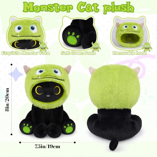 Image of Monster Cat Plush - 8 inch Black Cat Plush with Removable Green Monster Hood, Cute Plushies for Kids, Boys and Girls, Soft Cartoon Anime Stuffed Animal for Birthday Gift