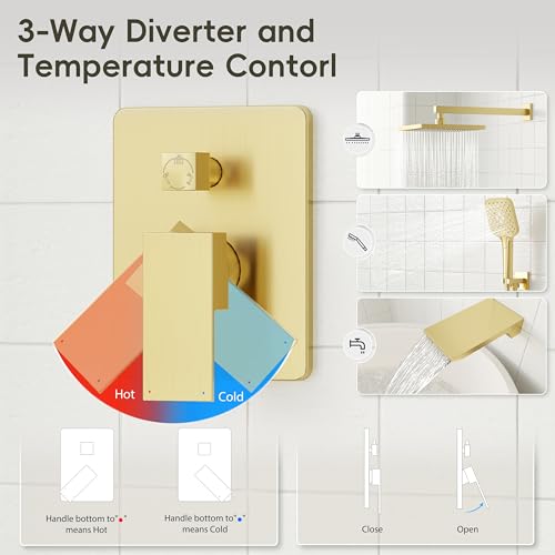 Image of Gabrylly Shower System with Tub Spout, Wall Mounted Shower Faucet Set for Bathroom with High Pressure 10 inch Rain Shower head and 3-Setting Handheld Shower Head Set,Brushed Gold