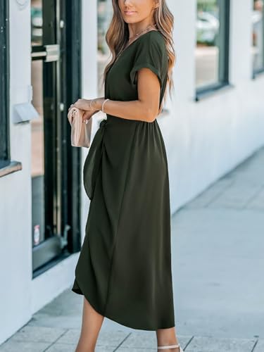 CUPSHE Women's V Neck Wrap Dress Twisted Slit Pleated Waist Tie Short Sleeve Summer Midi Dresses3