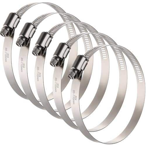 OURU Large Hose Clamps 5 Pack 4 Inch Stainless Steel Hose Clamps Adjustable from 3-3/4-4-5/16/95-110mm Metal Worm Gear Duct Clamp for Air Ducting Dryer Vent Hose Fuel Line Automotive