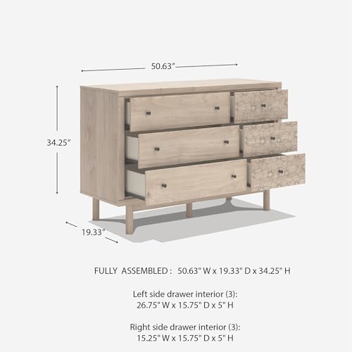 Image of Signature Design by Ashley Birkmore 6 Drawer Dresser, 10-Minute Easy Assembly, Engineered Wood, Whimsical Botanical Accent Drawers for Bedroom, Light Oak Finish