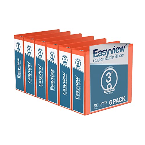 EasyView Premium 3-Inch Binders, Customizable Ring Binders for School or Work, Pack of 6, Round Ring, Orange