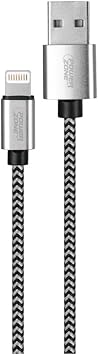 PowerZone KL-029X-2M-LIGHT Lightning Charging Cable, Braided Cable + Aluminum, Black + White Braided Cable, 6 ft L