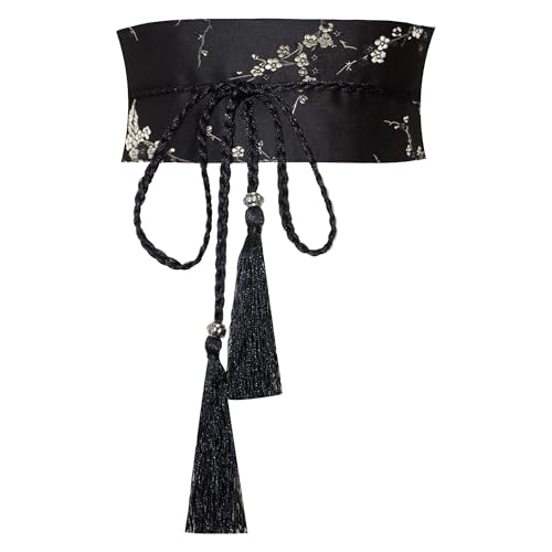 ZooBoo Chinese Satin Embroidered Waist Belt–Hanfu Tassel Waist Cincher Traditional Floral Brocade Obi Sash for Women