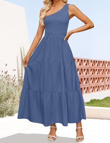 Image of ZESICA Women's 2026 Bohemian Summer Floral Print One Shoulder Sleeveless Smocked Ruffle Tiered Beach Long Midi Dress