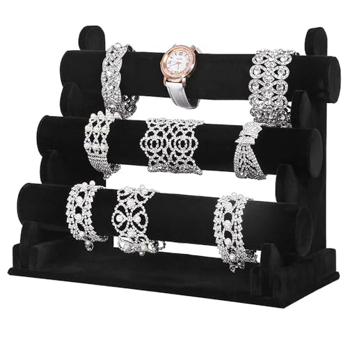 WANTOUTH Expositor Pulseras Terciopelo de 3 Niveles Organizador de Pulseras Negro Soporte Relojes Pulsera con Barras Desmontables Exibidor para Joyas Soporte de Exhibición de Pulsera para Hogar Tienda