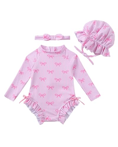 Image of Renotemy Baby Girls Swimsuit Drawstring Zip Bathing Suit Long Sleeve One-Piece Rash Guard Swimwear with Hat for Infant Girl