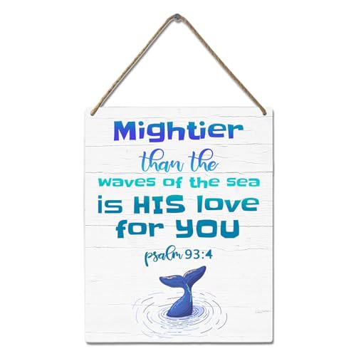 Image of Ocean Nursery Wall Art Whale Decor for Baby Boy Nautical Beach Room Sign Mightier Than The Waves of The Sea Psalm 93:4 Wooden Signs Under The Sea Animal Pictures Bathroom Decor for Kids 10x8 Inch