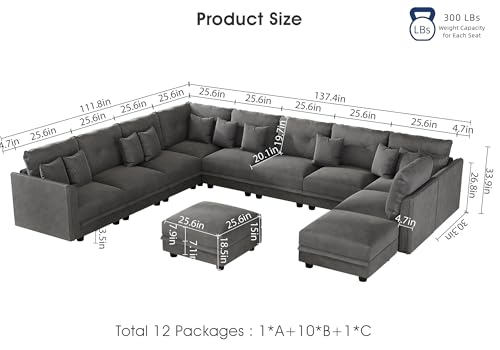 Image of LLappuil 11-Seat Modular Sectional Sofa with Storage, Oversized V-Shaped Corduroy Couch with 10 Throw Pillows, Pet-Friendly Convertible Pit Sofa for Large Living Room, Skin-Friendly, Grey