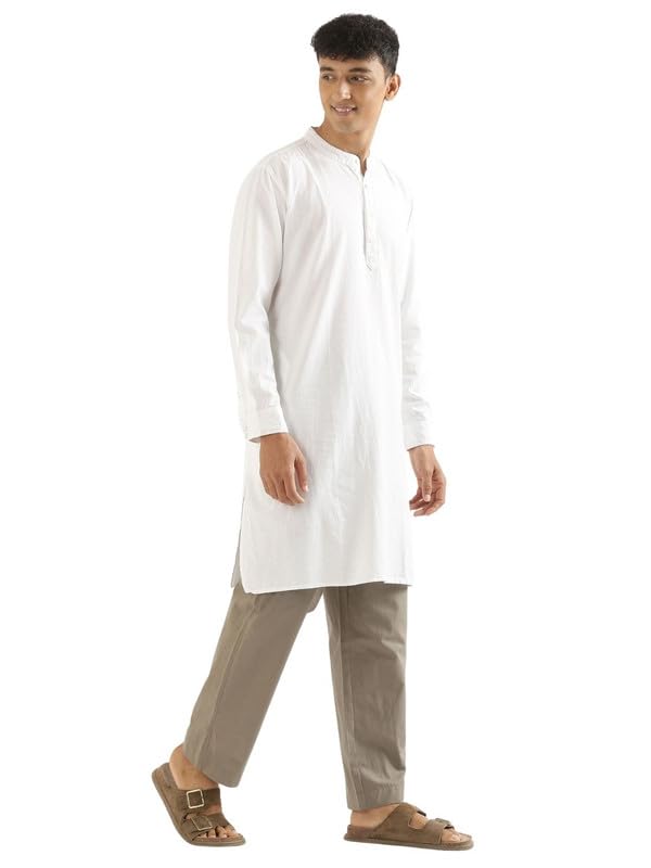 Image of SAADAA Men's Long Kurta - Linen Cotton Blend, Airy Fabric, Regular Fit, Mandarin Collar, Solid Color - Casual, Festive & Ethnic Wear
