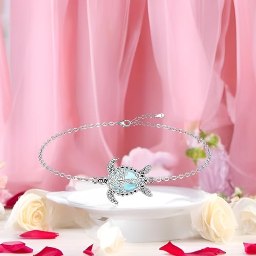 Image of Fenthring Turtle Anklet S925 Sterling Silver Blue Opal Sea Turtle Ankle Bracelets for Women Infinity Wave Ocean Beach Summer Foot Bracelet Jewelry Layered Adjustable