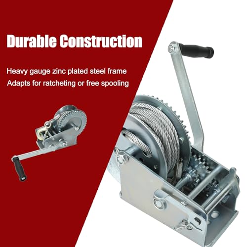 BLACKHORSE-RACING 3500 lbs Hand Winch with 33FT Cable, Hardened Steel 2 Gear Manual Crank Winch for ATV RV Boat Trailer Truck Marine Winch Heavy Duty Hand Crank Winch with Hook