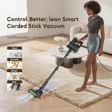 Oraimo CordForce Plus vacuum cleaning a carpet, with illustrations of dust, crumbs, grain, and hair being removed.