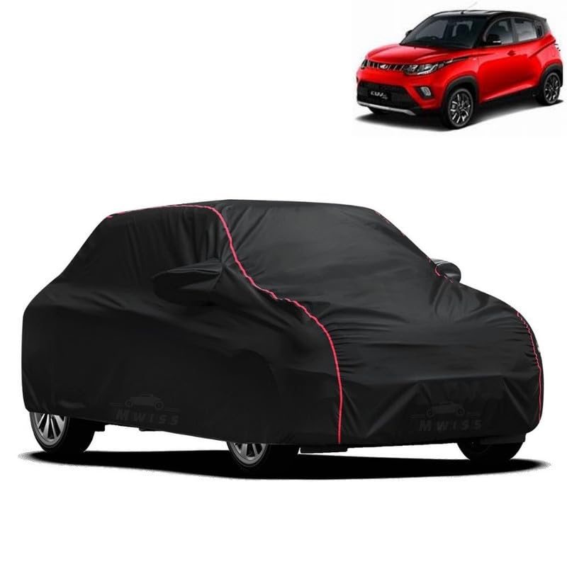 Image of Waterproof Car Cover for Mahindra KUV 100 | All-Weather Protection, Dustproof & UV Resistant | Triple Stitched Mirror Pockets, Windproof Buckle Strap with Elastic Hem, Black-Red Piping