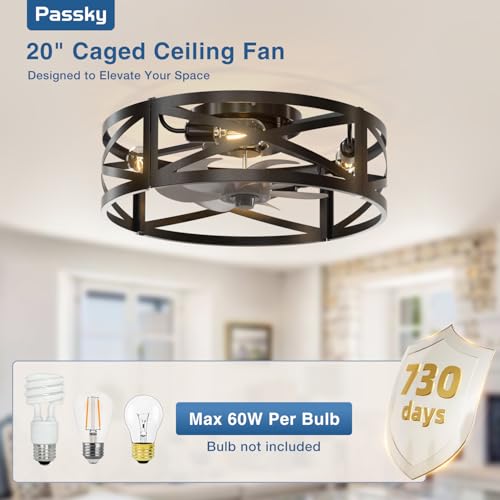 Image of Passky 20 inch Farmhouse Flush Mount Ceiling Fans with Lights and Remote, Industrial Black Caged Low Profile Fandelier, 6 Speeds Bladeless Ceiling Fan for Bedroom, Kitchen, Living Room