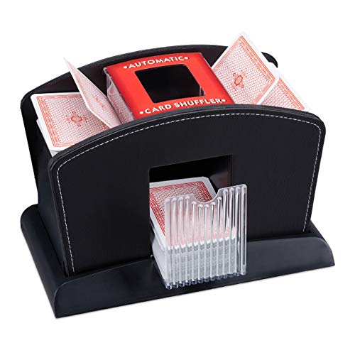 Relaxdays, schwarz Kartenmischer Elektrisch, Leder, 4 Decks, Automatische Kartenmischmaschine zum Mischen von Karten, Standard