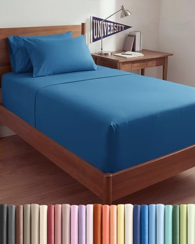Image of Extra Deep Twin XL Sheet Set - 4 Piece Breathable & Cooling - Denim Blue | Hotel Luxury Bed Sheets Set, Easy & Secure Fit, Ultra-Soft, Wrinkle & Fade Free, Comfy Sheets Set with Extra Deep Pockets