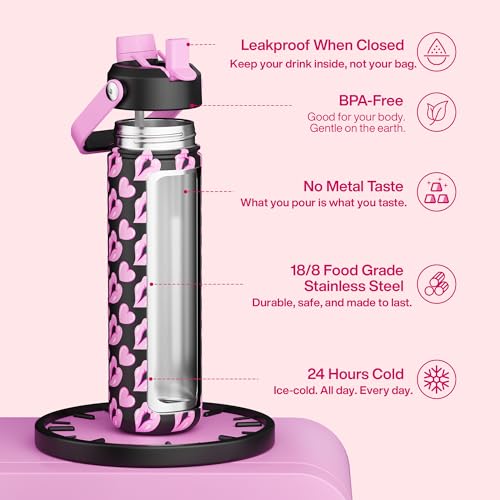 Image of ENCOOL Insulated Water Bottle with Straw Stainless Steel Water Bottle, Leak-Proof, BPA-Free, Keeps Cold for 24 Hours for Sports, Travel, School (26 oz, Kiss Love Violet x Black)