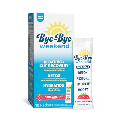 Bye-Bye Weekend Detox Drink Mix w/Electrolytes - for Bloating Recovery Fatigue Brain Fog - Probiotics Lions Mane Milk Thistle - Zero Sugar Strawberry - 10 Pack