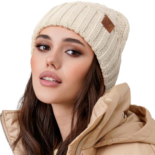 OZERO Womens Hats Winter, Knit Polar Fleece Lined Warm Slouchy Beanie Hats for Women-Beige