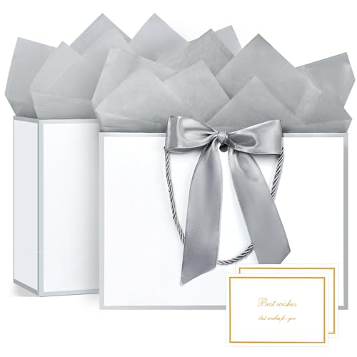 Image of JMANNI Gift Bags with Handles, 11 inch Small Gift Bag for Presents, 2 Pcs Bags with 4 Tissue Paper and 2 Cards for Baby Shower Wedding Bridal Shower Mother's Day Birthday Party (White-Silver)