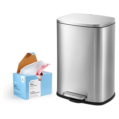 QUALIAZERO 50L/13Gal Stainless Steel Commercial/Kitchen Step Trash Can & 13 Gal Trash Bag Set, Soft Close Lid, Rectangle Shape (50L RECT & Bag) Cover