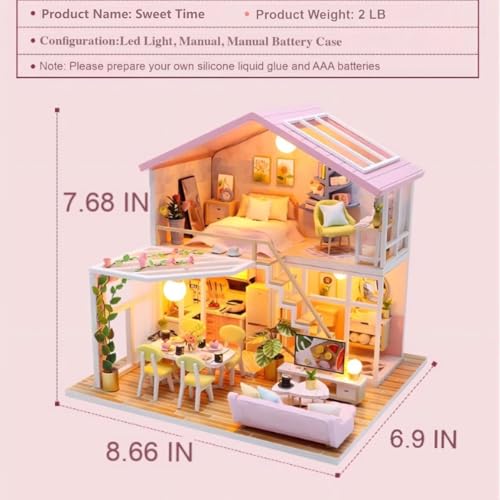 YSWOOD WORLD DIY Miniature House Kit, Tiny House Kit with Furniture & LED, DIY Wooden Dollhouse Miniature Kit for Adults Teen, Wooden Crafts Lovely Dollhouse Kit, Home Decor - Sweet Time