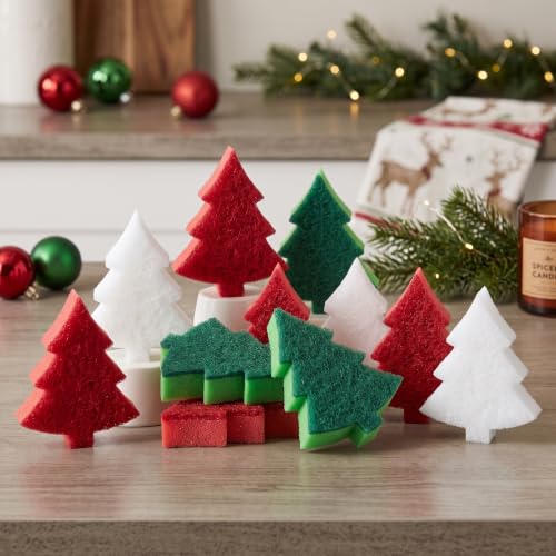 Image of Tioncy 12 Pack Kitchen Sponges Bulk Dual Sided Scrubber Sponges Dishwashing Kitchen Cleaning Accessories for Household Supplies(Christmas Tree, Red, Green, White)