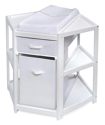 Image of Badger Basket Corner Baby Changing Table - Space-Saving Diaper Changing Station for Nursery with Storage Bin, Changing Pad and Safety Belt - Organizer for Newborn and Infant Essentials - White